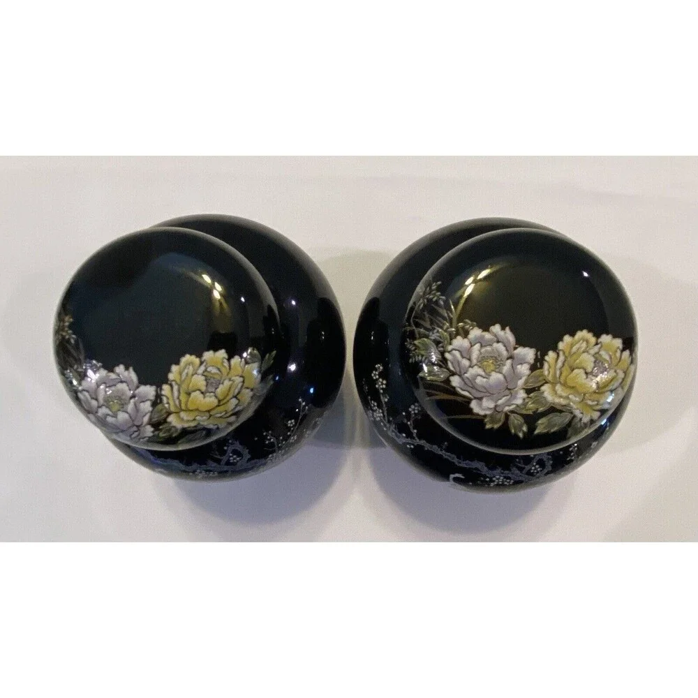 SHIBATA, 2 Hand Painted Peacock Black Ceramic Ginger Jars